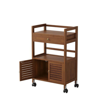 Traditional Chinese Nan Bamboo Fiberwood Rectangular Side Table 2-Tier Storage Cabinet & Drawer Rolling Cart For Living Room
