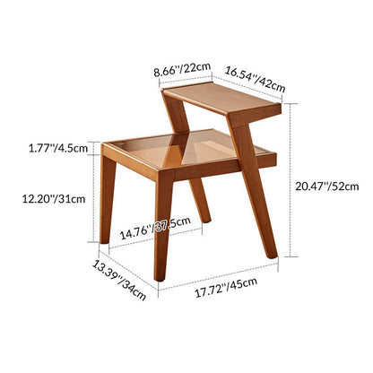 Traditional Japanese Square Glass Rubberwood Side Table 2-Tier For Living Room