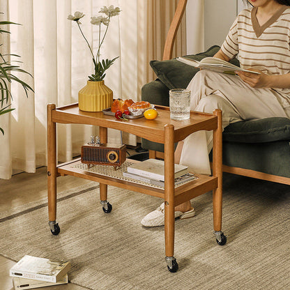 Traditional Japanese Rubberwood Rectangular Top Rattan Side Table 2-Tier Storage Shelves With Casters For Living Room
