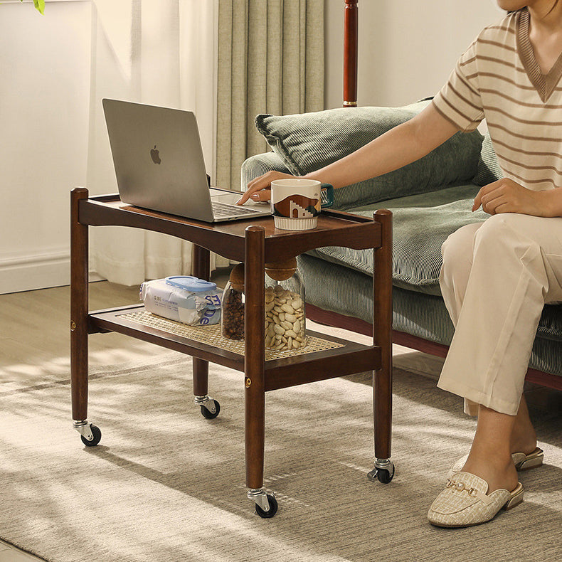 Traditional Japanese Rubberwood Rectangular Top Rattan Side Table 2-Tier Storage Shelves With Casters For Living Room