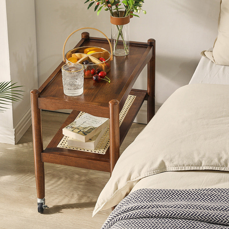 Traditional Japanese Rubberwood Rectangular Top Rattan Side Table 2-Tier Storage Shelves With Casters For Living Room