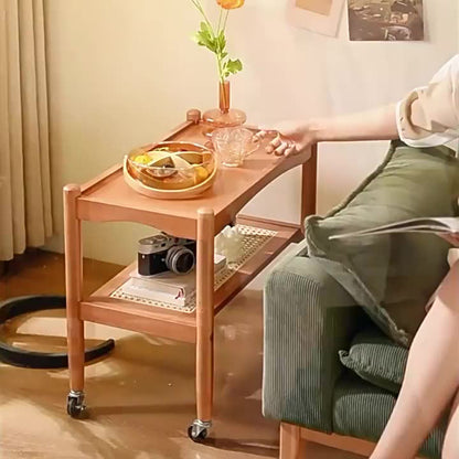 Traditional Japanese Rubberwood Rectangular Top Rattan Side Table 2-Tier Storage Shelves With Casters For Living Room