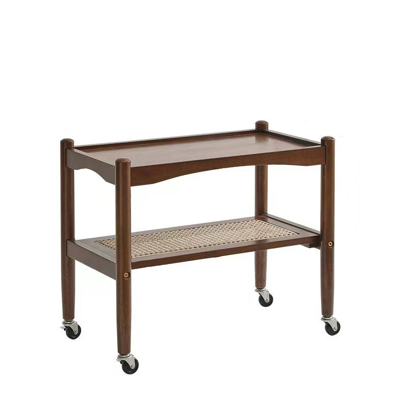 Traditional Japanese Rubberwood Rectangular Top Rattan Side Table 2-Tier Storage Shelves With Casters For Living Room