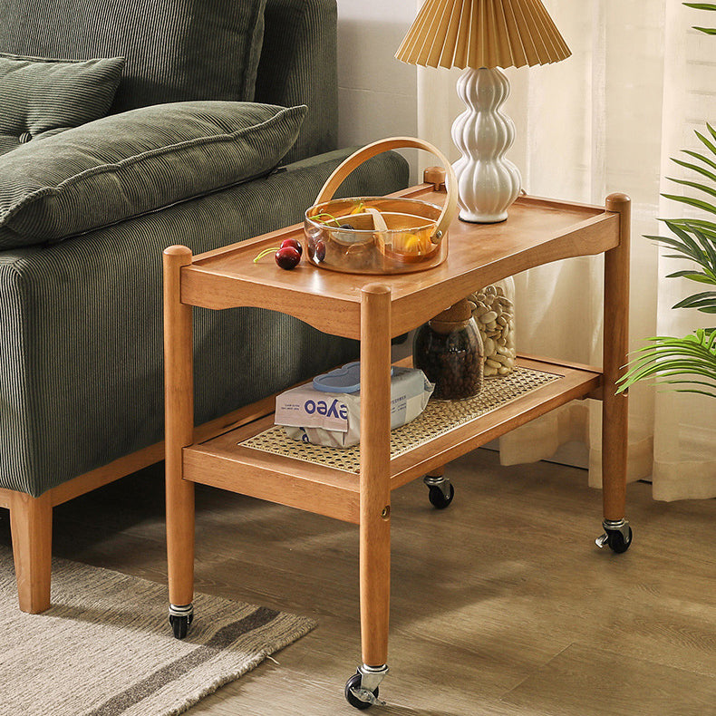 Traditional Japanese Rubberwood Rectangular Top Rattan Side Table 2-Tier Storage Shelves With Casters For Living Room