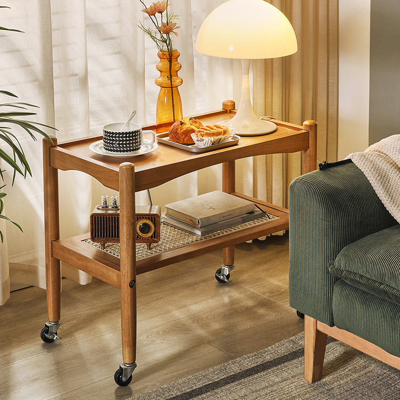 Traditional Japanese Rubberwood Rectangular Top Rattan Side Table 2-Tier Storage Shelves With Casters For Living Room