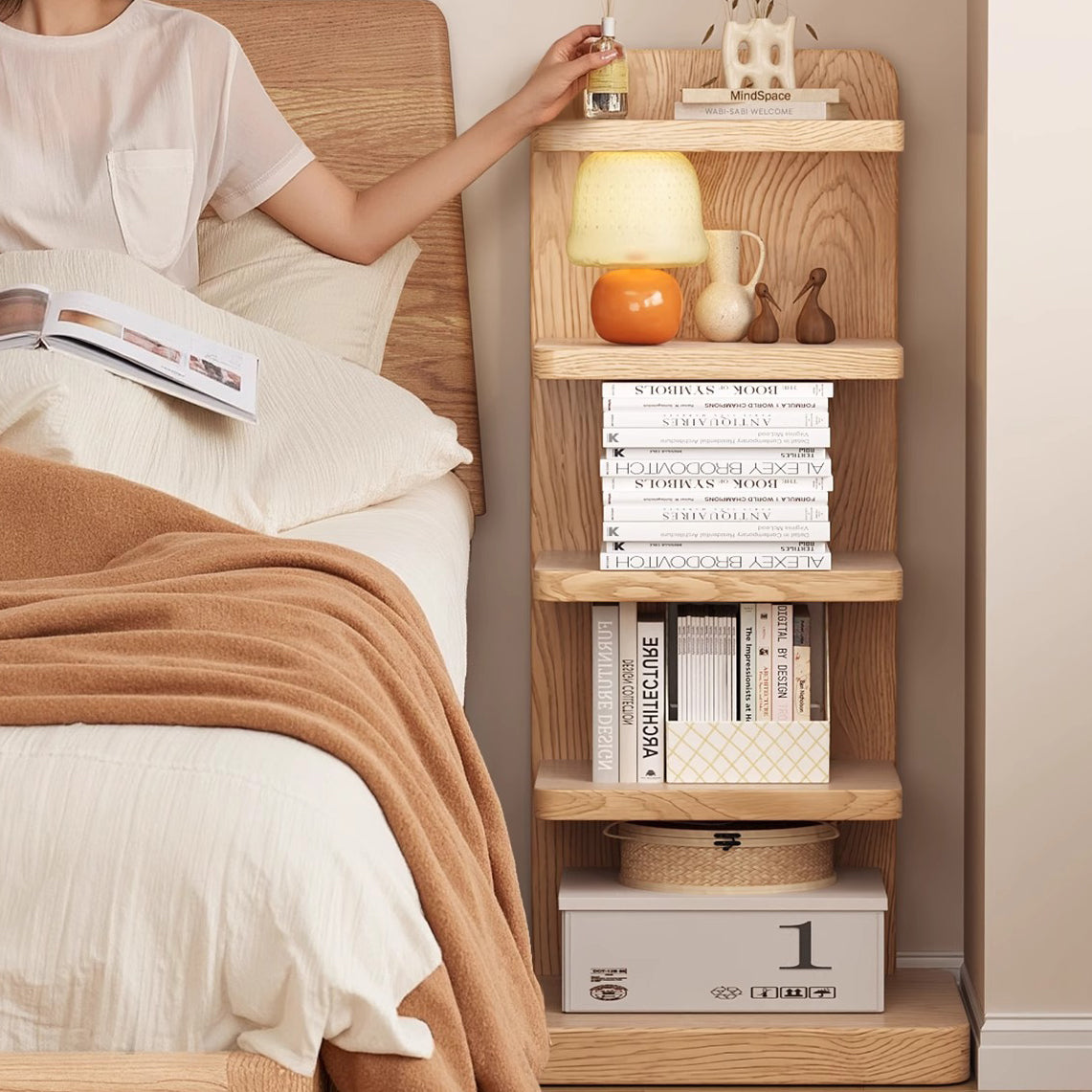 Traditional Japanese Rubber Wood Corner Bookshelves 5/9-Tier Standing Shelves For Study