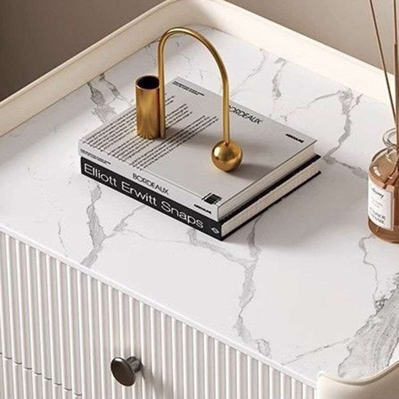 Modern Luxury Rectangular Desktop Microfiber Leather Solid Wood Rock Slab Nightstand 3-Drawer For Bedroom