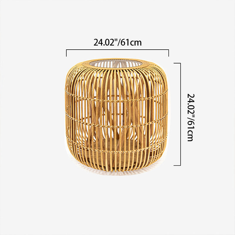 Traditional Japanese Cylindrical Bamboo Weaving Glass Coffee Table 1-Tier for Living Room