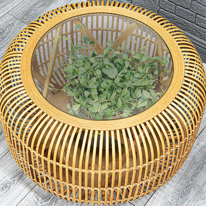 Traditional Japanese Cylindrical Bamboo Weaving Glass Coffee Table 1-Tier for Living Room
