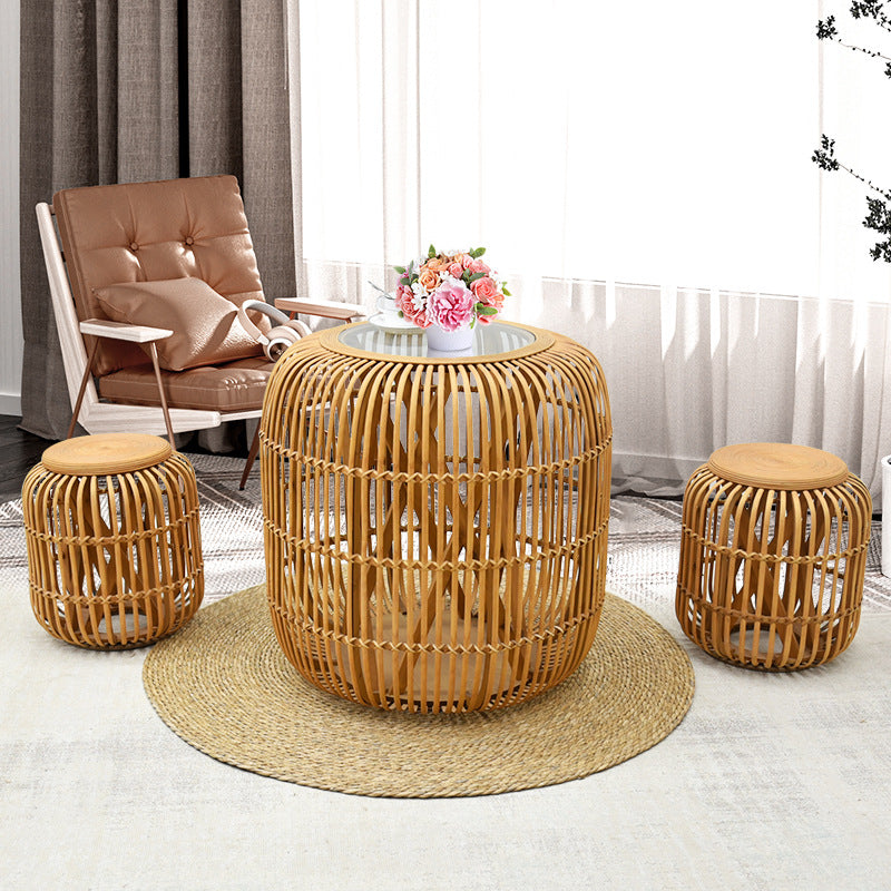 Traditional Japanese Cylindrical Bamboo Weaving Glass Coffee Table 1-Tier for Living Room