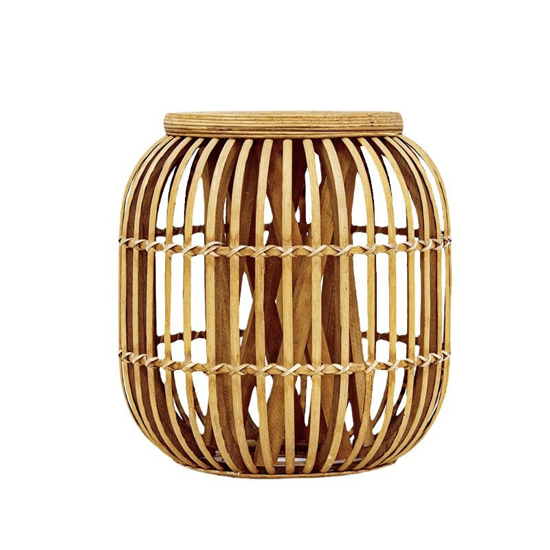Traditional Japanese Cylindrical Bamboo Weaving Glass Coffee Table 1-Tier for Living Room