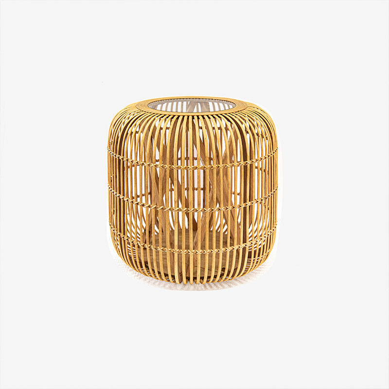 Traditional Japanese Cylindrical Bamboo Weaving Glass Coffee Table 1-Tier for Living Room