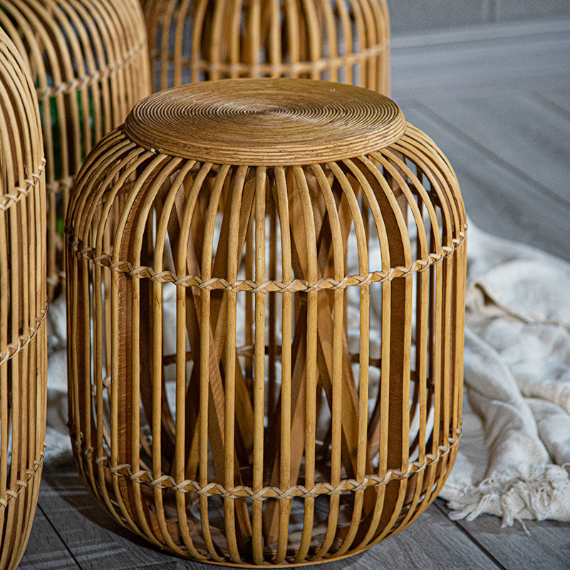 Traditional Japanese Cylindrical Bamboo Weaving Glass Coffee Table 1-Tier for Living Room