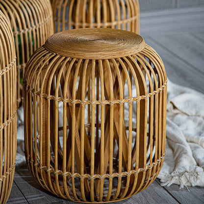 Traditional Japanese Cylindrical Bamboo Weaving Glass Coffee Table 1-Tier for Living Room