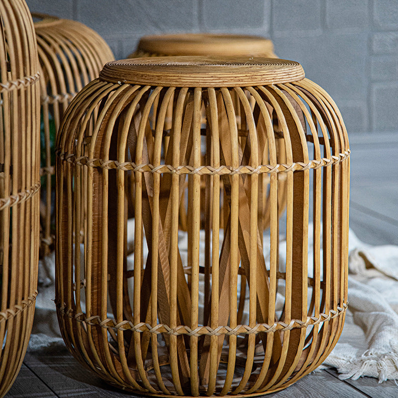 Traditional Japanese Cylindrical Bamboo Weaving Glass Coffee Table 1-Tier for Living Room