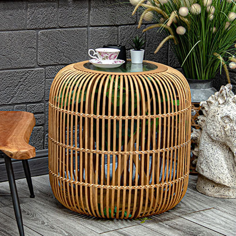 Traditional Japanese Cylindrical Bamboo Weaving Glass Coffee Table 1-Tier for Living Room