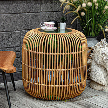 Traditional Japanese Cylindrical Bamboo Weaving Glass Coffee Table 1-Tier for Living Room