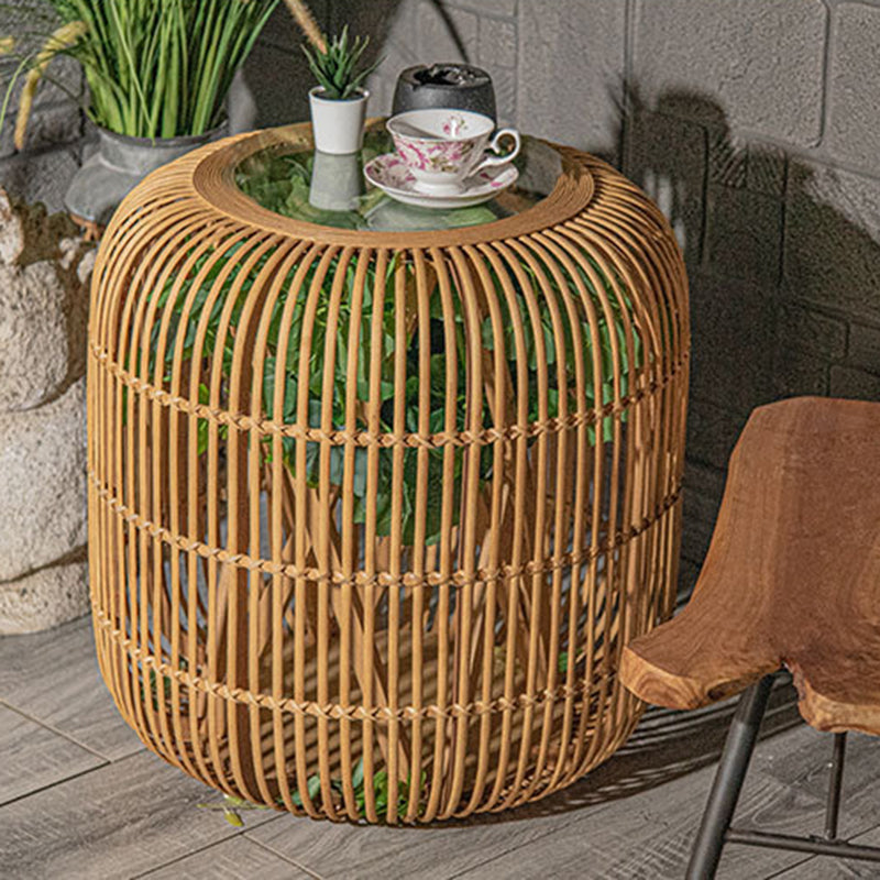 Traditional Japanese Cylindrical Bamboo Weaving Glass Coffee Table 1-Tier for Living Room