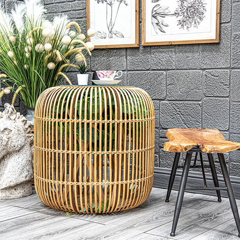 Traditional Japanese Cylindrical Bamboo Weaving Glass Coffee Table 1-Tier for Living Room