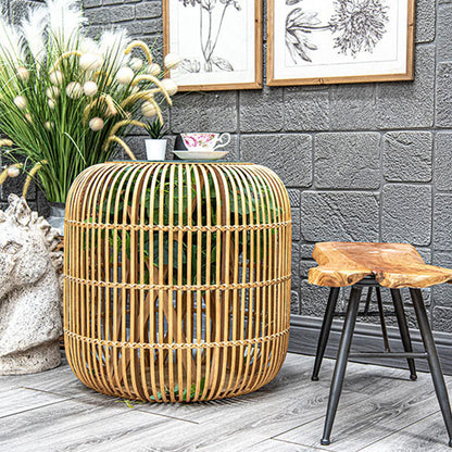 Traditional Japanese Cylindrical Bamboo Weaving Glass Coffee Table 1-Tier for Living Room