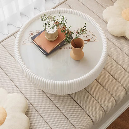 Modern Minimalist Round Tempered Glass PU Leather Coffee Table 1-Tier For Living Room