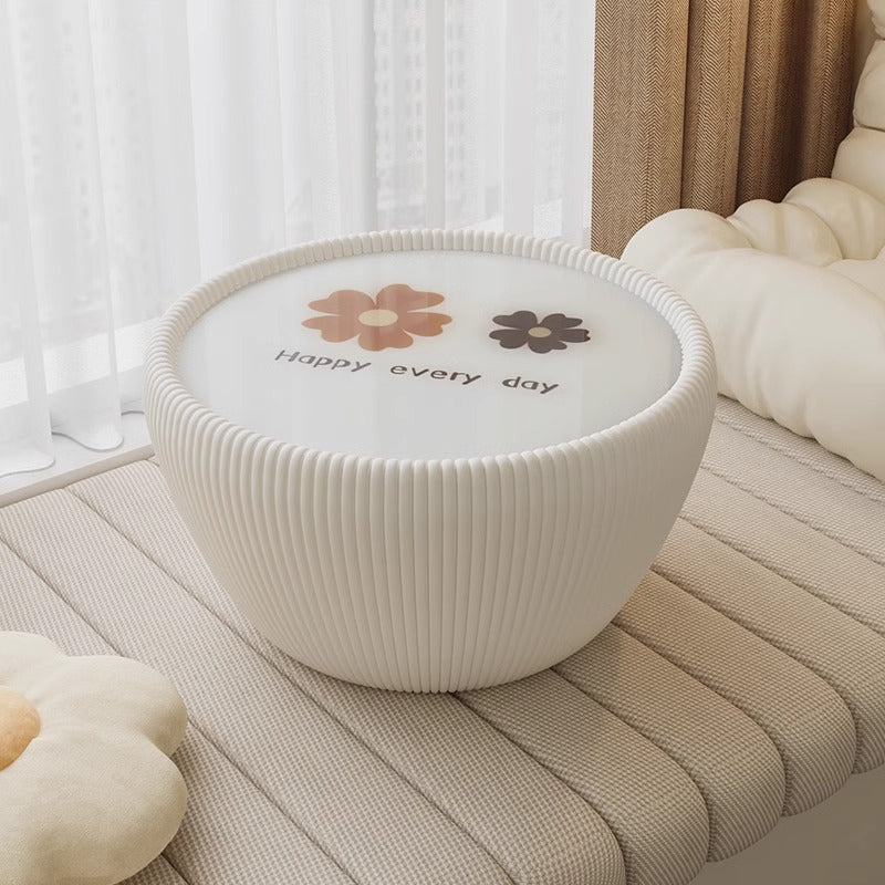 Modern Minimalist Round Tempered Glass PU Leather Coffee Table 1-Tier For Living Room