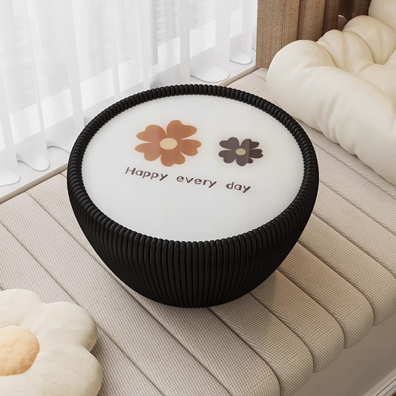 Modern Minimalist Round Tempered Glass PU Leather Coffee Table 1-Tier For Living Room