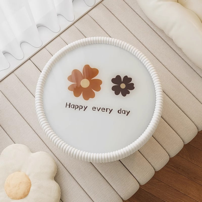 Modern Minimalist Round Tempered Glass PU Leather Coffee Table 1-Tier For Living Room