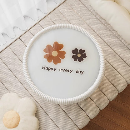 Modern Minimalist Round Tempered Glass PU Leather Coffee Table 1-Tier For Living Room