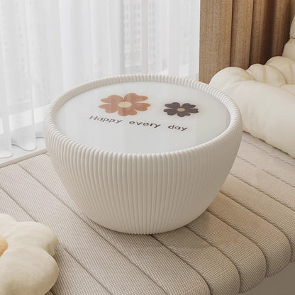 Modern Minimalist Round Tempered Glass PU Leather Coffee Table 1-Tier For Living Room