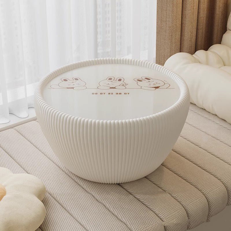 Modern Minimalist Round Tempered Glass PU Leather Coffee Table 1-Tier For Living Room