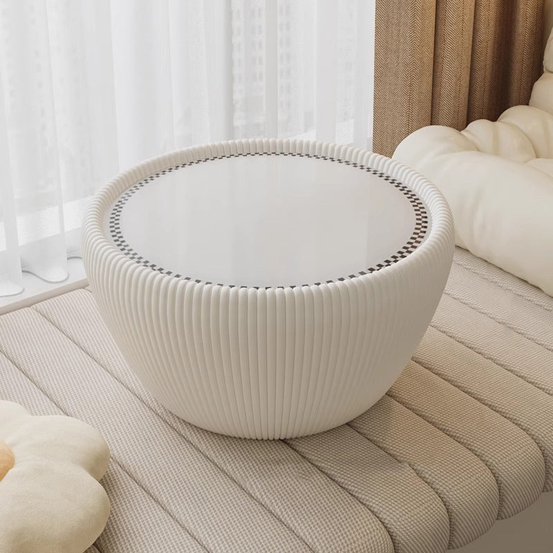 Modern Minimalist Round Tempered Glass PU Leather Coffee Table 1-Tier For Living Room