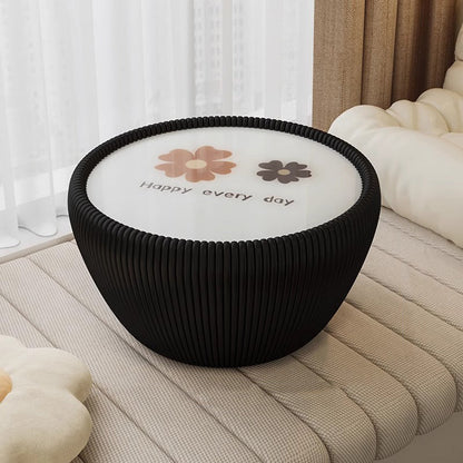 Modern Minimalist Round Tempered Glass PU Leather Coffee Table 1-Tier For Living Room