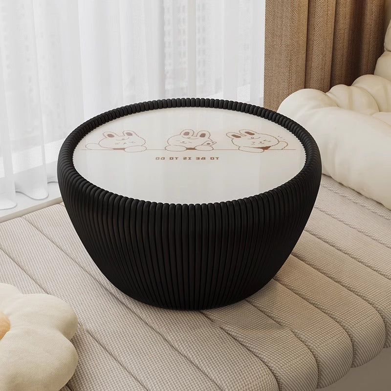 Modern Minimalist Round Tempered Glass PU Leather Coffee Table 1-Tier For Living Room