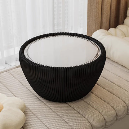 Modern Minimalist Round Tempered Glass PU Leather Coffee Table 1-Tier For Living Room