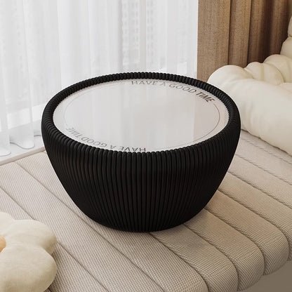 Modern Minimalist Round Tempered Glass PU Leather Coffee Table 1-Tier For Living Room