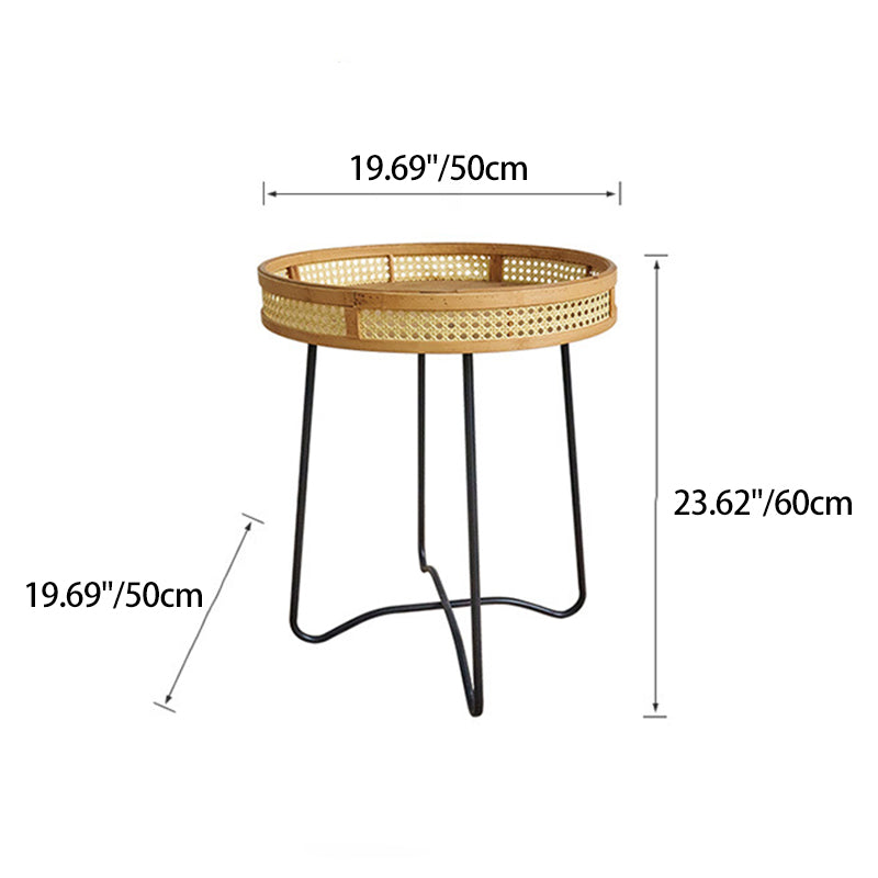 Traditional Rustic Round Bamboo Weaving Iron End Table 1-Tier For Living Room