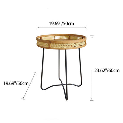 Traditional Rustic Round Bamboo Weaving Iron End Table 1-Tier For Living Room