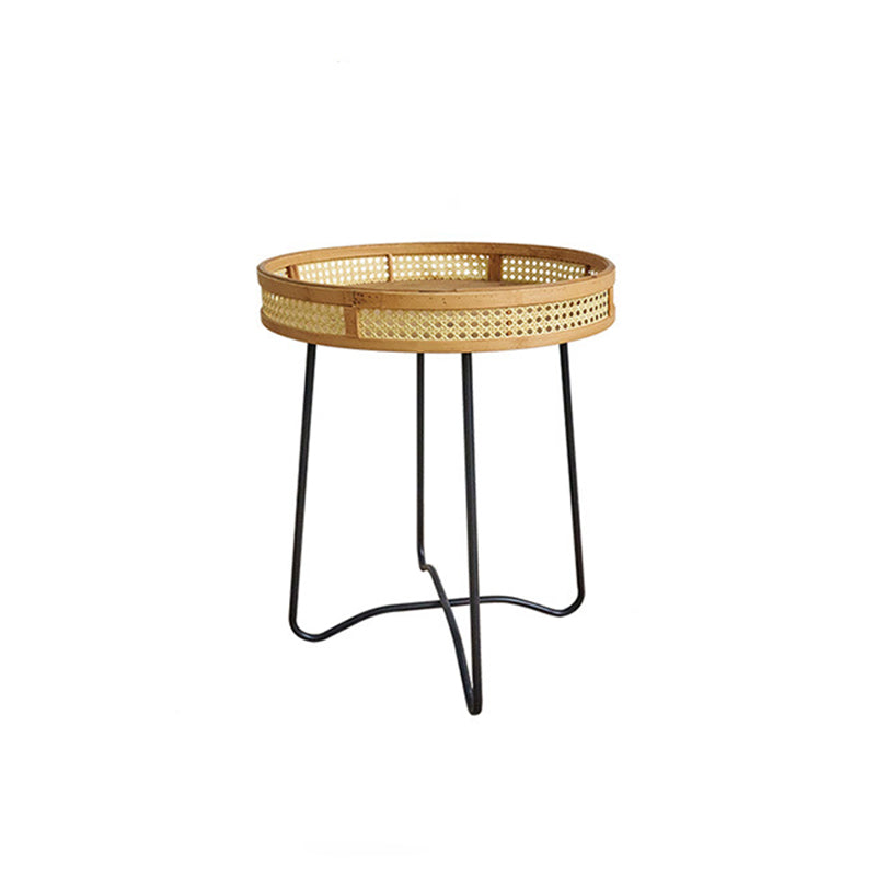 Traditional Rustic Round Bamboo Weaving Iron End Table 1-Tier For Living Room