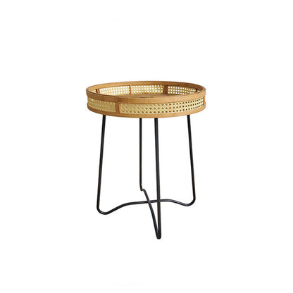 Traditional Rustic Round Bamboo Weaving Iron End Table 1-Tier For Living Room