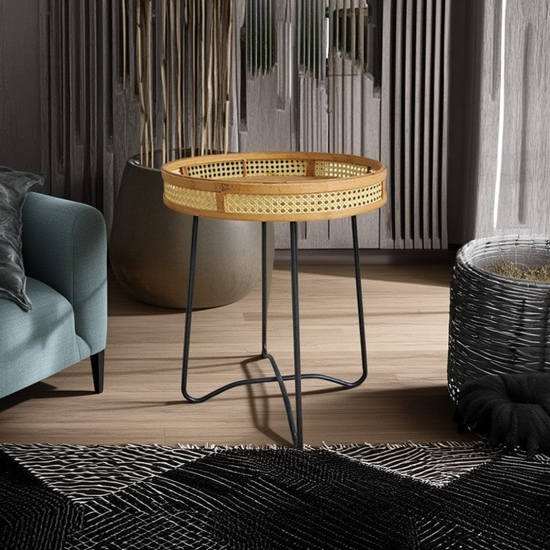 Traditional Rustic Round Bamboo Weaving Iron End Table 1-Tier For Living Room