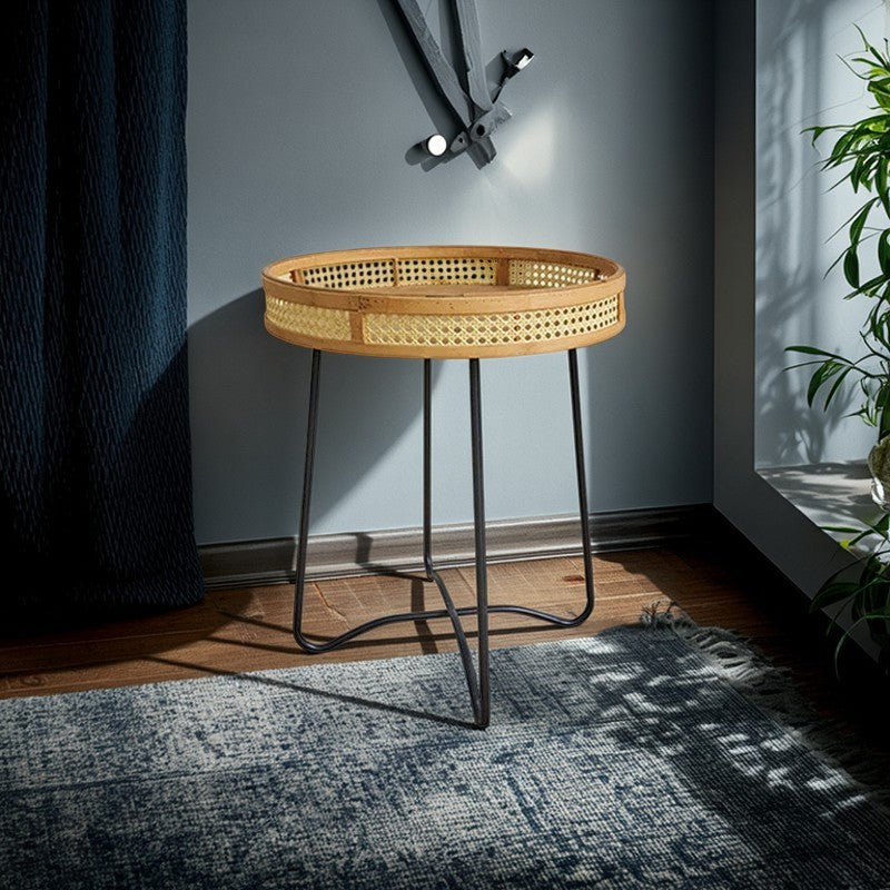 Traditional Rustic Round Bamboo Weaving Iron End Table 1-Tier For Living Room