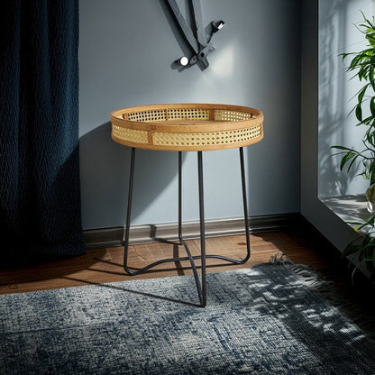 Traditional Rustic Round Bamboo Weaving Iron End Table 1-Tier For Living Room