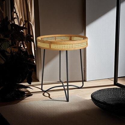 Traditional Rustic Round Bamboo Weaving Iron End Table 1-Tier For Living Room