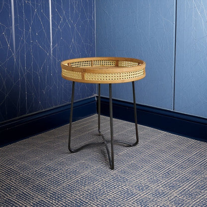 Traditional Rustic Round Bamboo Weaving Iron End Table 1-Tier For Living Room