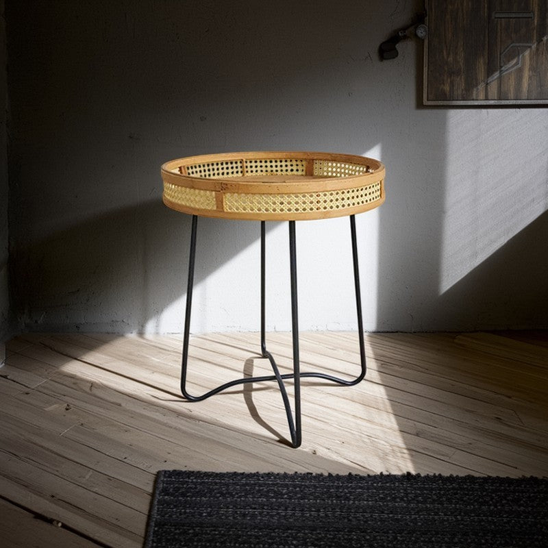 Traditional Rustic Round Bamboo Weaving Iron End Table 1-Tier For Living Room