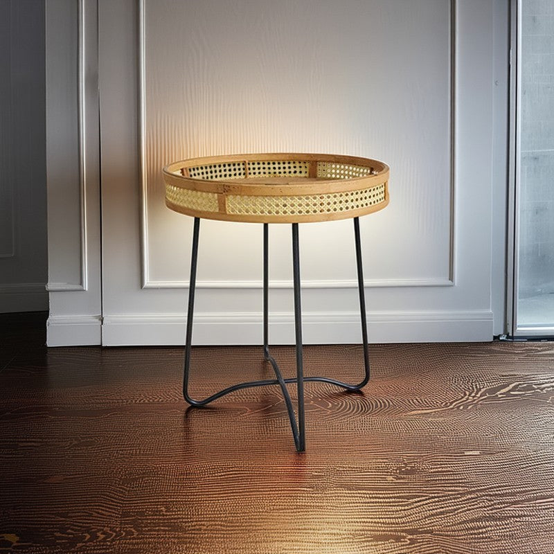Traditional Rustic Round Bamboo Weaving Iron End Table 1-Tier For Living Room