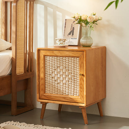 Traditional Rustic Square Ash Wood Solid Wood Plywood Rope Weaving Nightstand 2-Cabinet For Bedroom