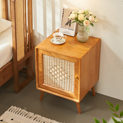 Traditional Rustic Square Ash Wood Solid Wood Plywood Rope Weaving Nightstand 2-Cabinet For Bedroom