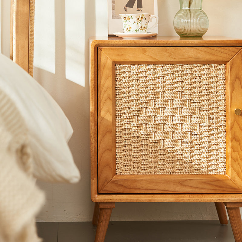 Traditional Rustic Square Ash Wood Solid Wood Plywood Rope Weaving Nightstand 2-Cabinet For Bedroom